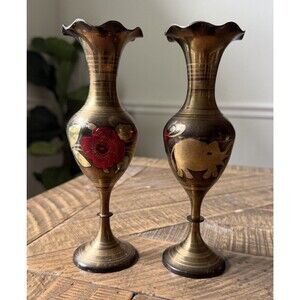 Vintage Solid Brass Bud Vases Set of 2 India Etched Floral Elephant Boho Decor